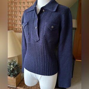 NILS Skiwear Blue Polo Style Cotton/Poly Knit Pullover Sweater w Ornate Buttons